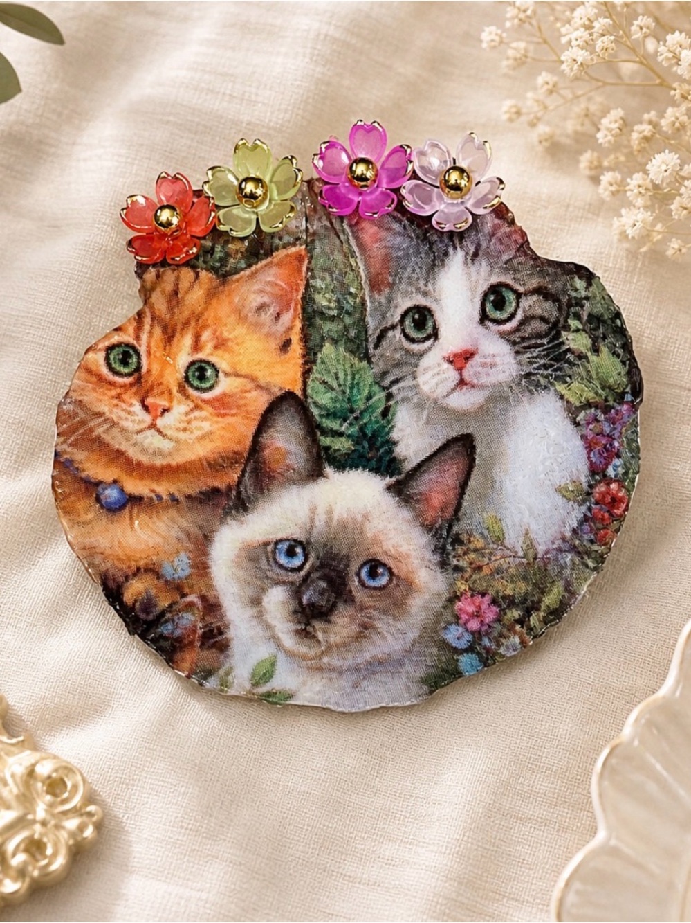 Multicolor Floral Cat Trinket Dish with Decorative Flower Accents